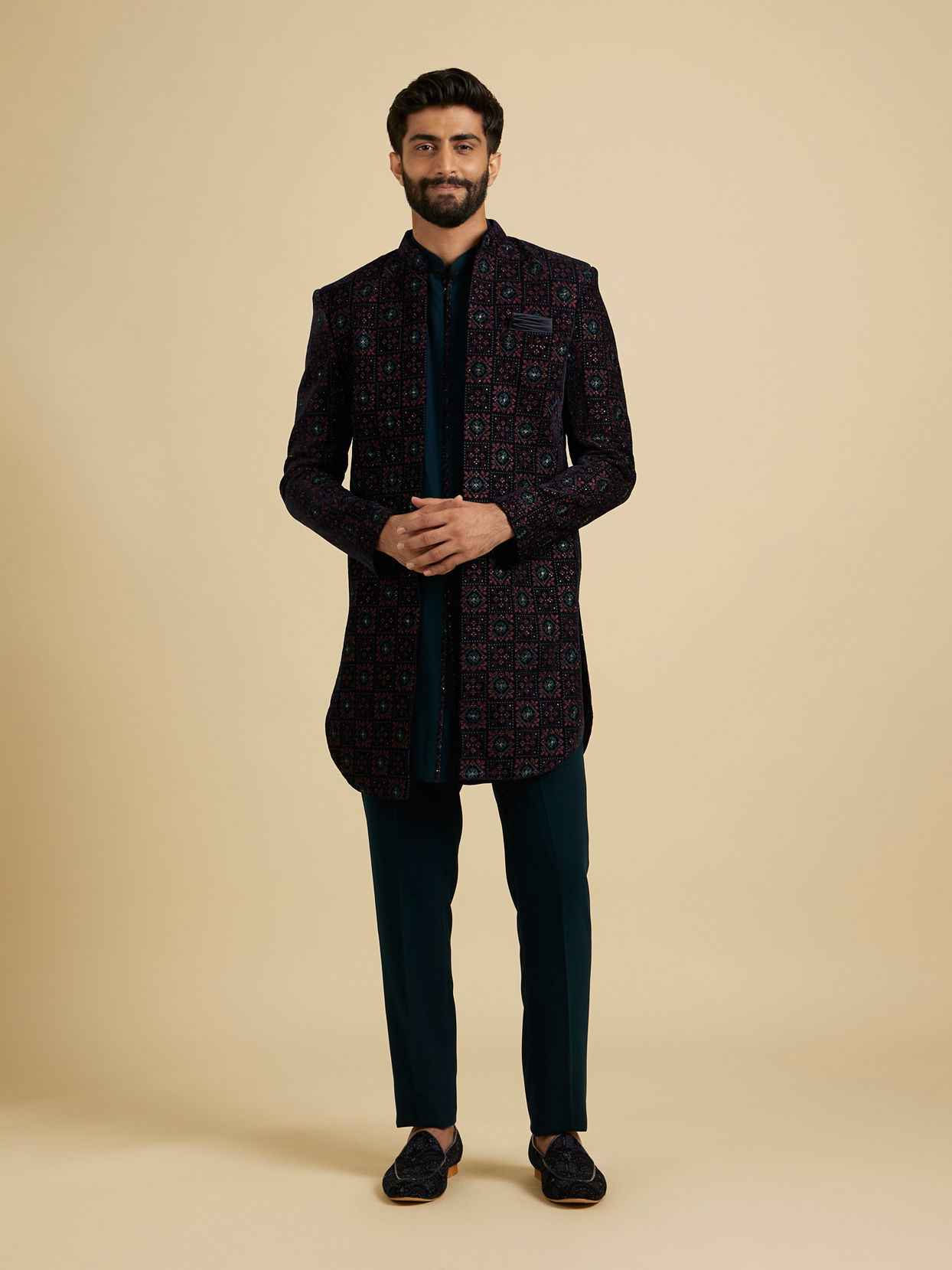 Manyavar Men Dark Blue and Teal Green Indo Western Set with Chowkadi Motifs