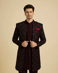 Manyavar Men Maroon Red Indo Western Set with Chowkadi Motifs And Patra Work