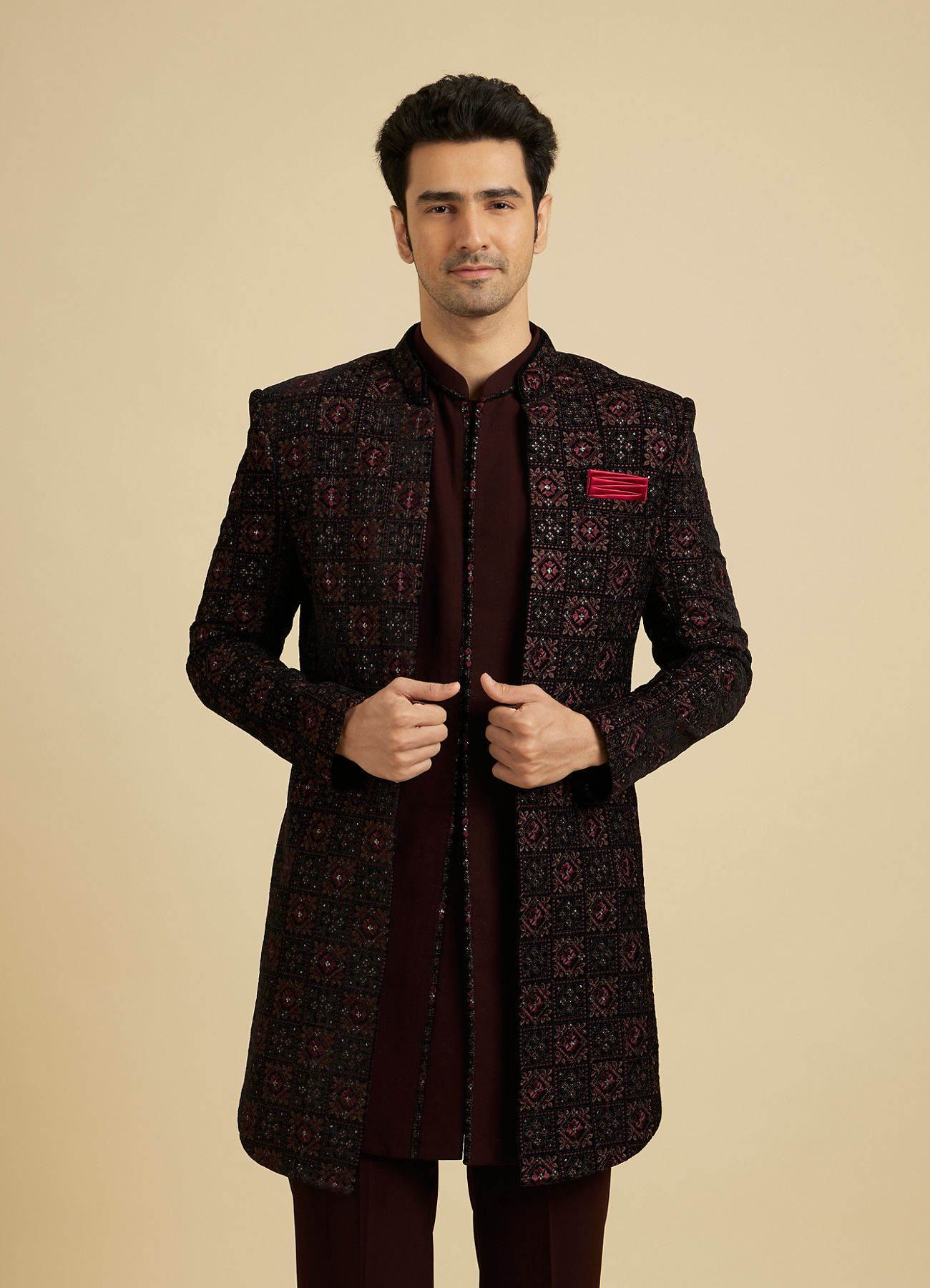 Manyavar Men Maroon Red Indo Western Set with Chowkadi Motifs And Patra Work