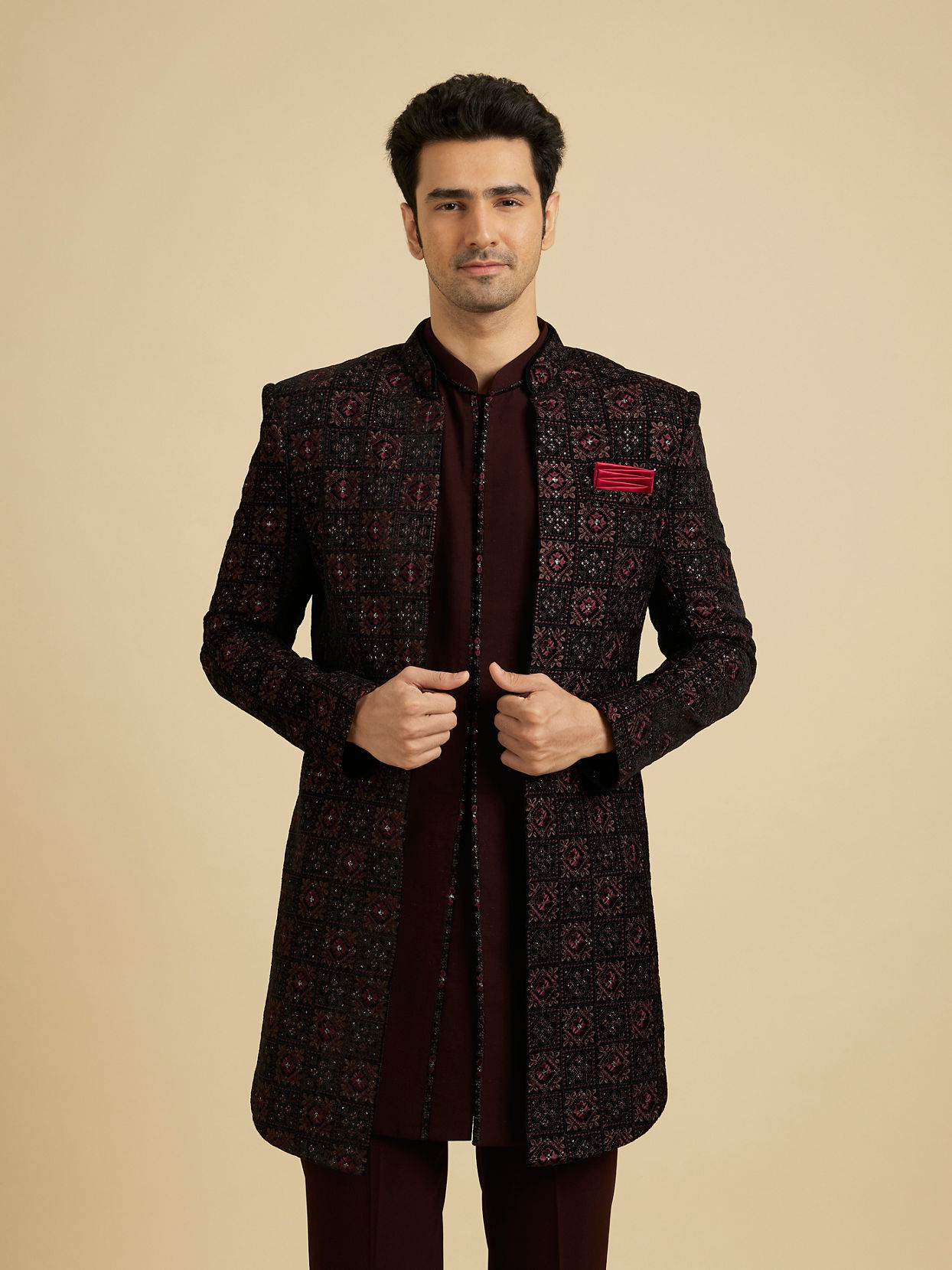 Manyavar Men Maroon Red Indo Western Set with Chowkadi Motifs And Patra Work