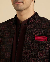 Manyavar Men Maroon Red Indo Western Set with Chowkadi Motifs