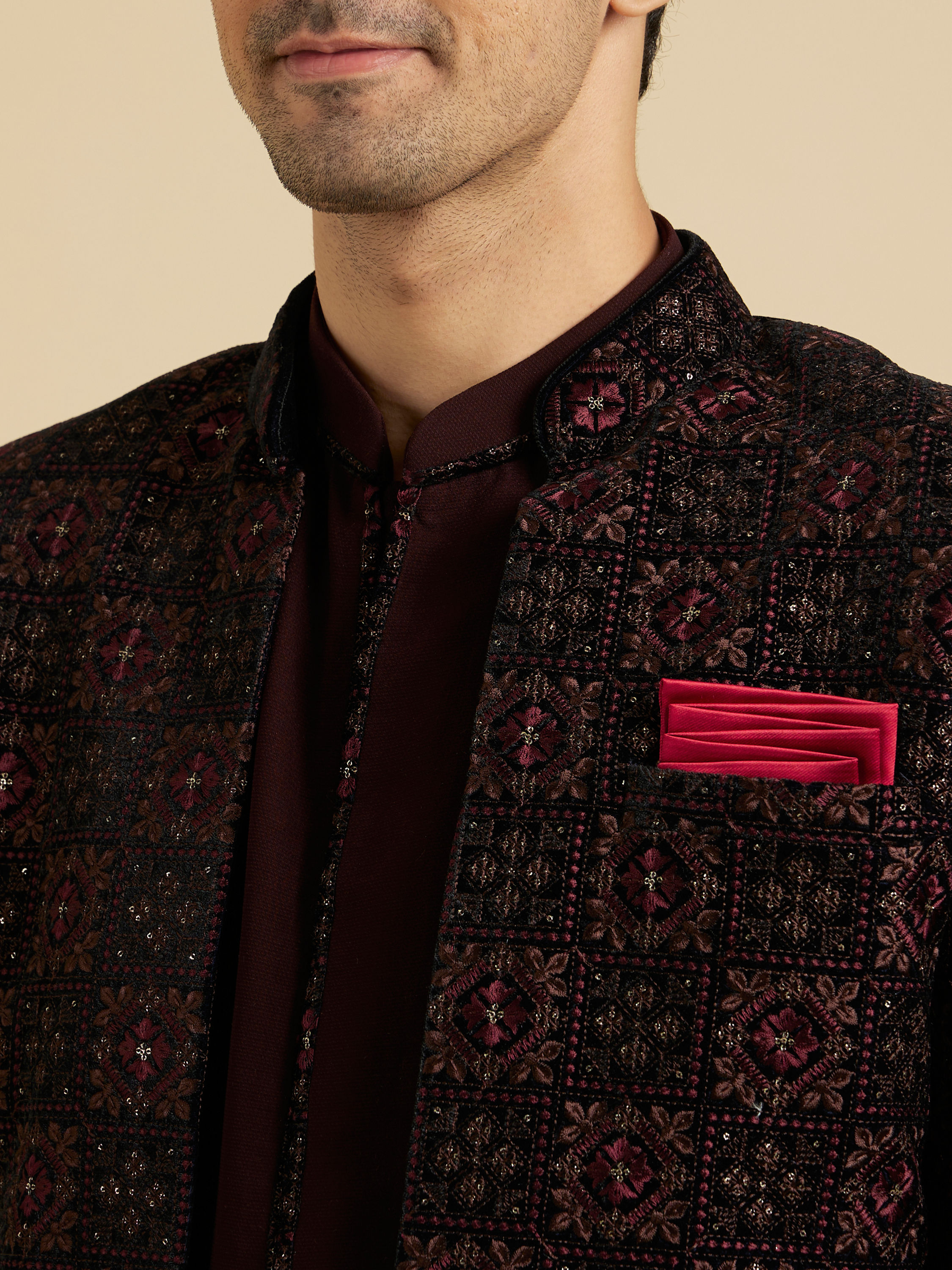 Manyavar Men Maroon Red Indo Western Set with Chowkadi Motifs