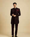 Manyavar Men Maroon Red Indo Western Set with Chowkadi Motifs