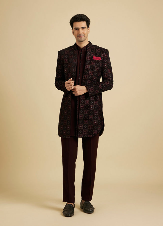 Manyavar Men Maroon Red Indo Western Set with Chowkadi Motifs