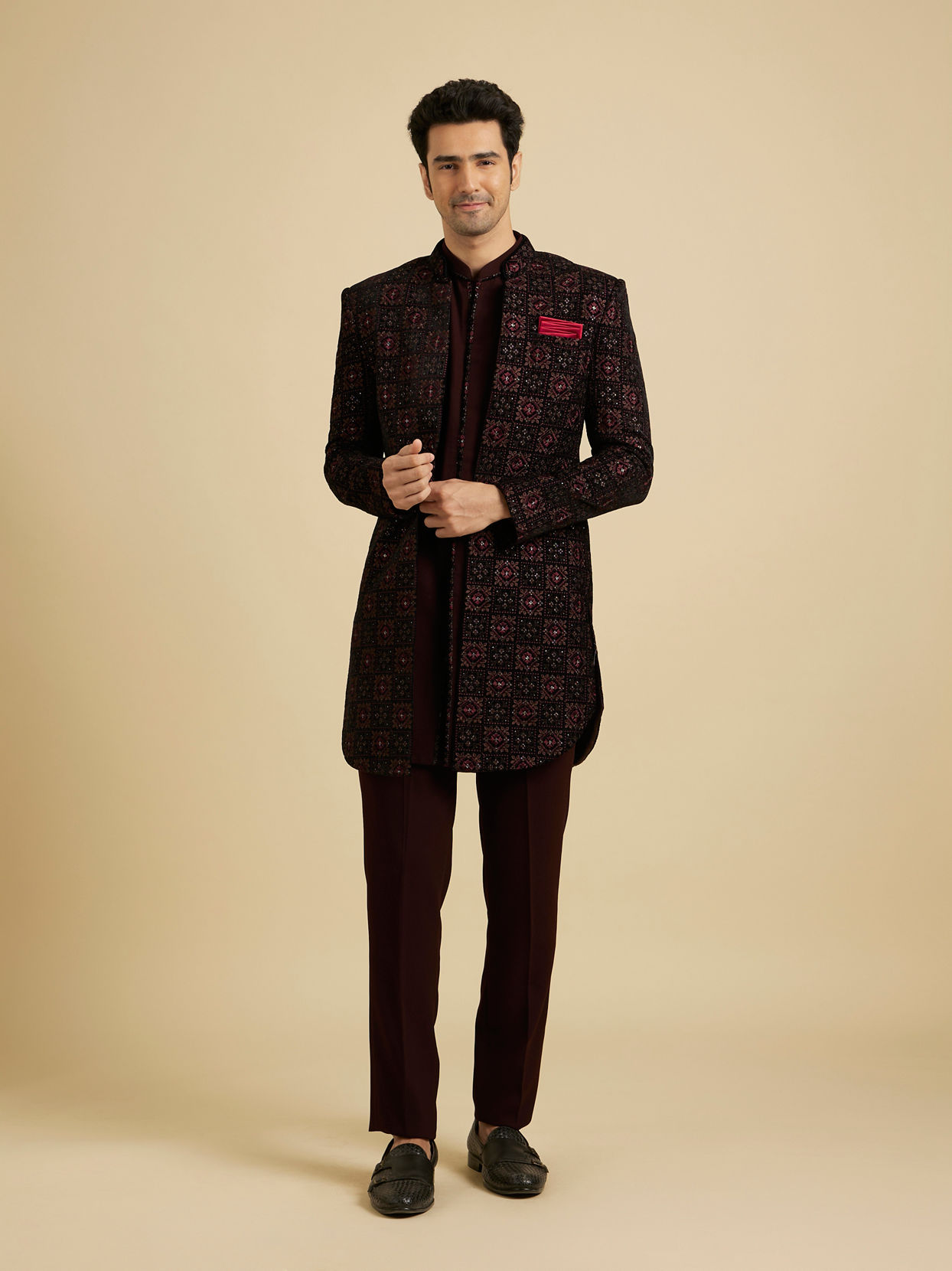 Manyavar Men Maroon Red Indo Western Set with Chowkadi Motifs