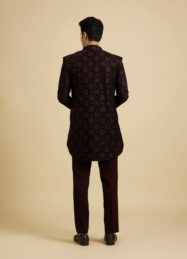 Manyavar Men Maroon Red Indo Western Set with Chowkadi Motifs