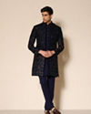 Manyavar Men Velveteen Dark Blue Radiance Indo Western