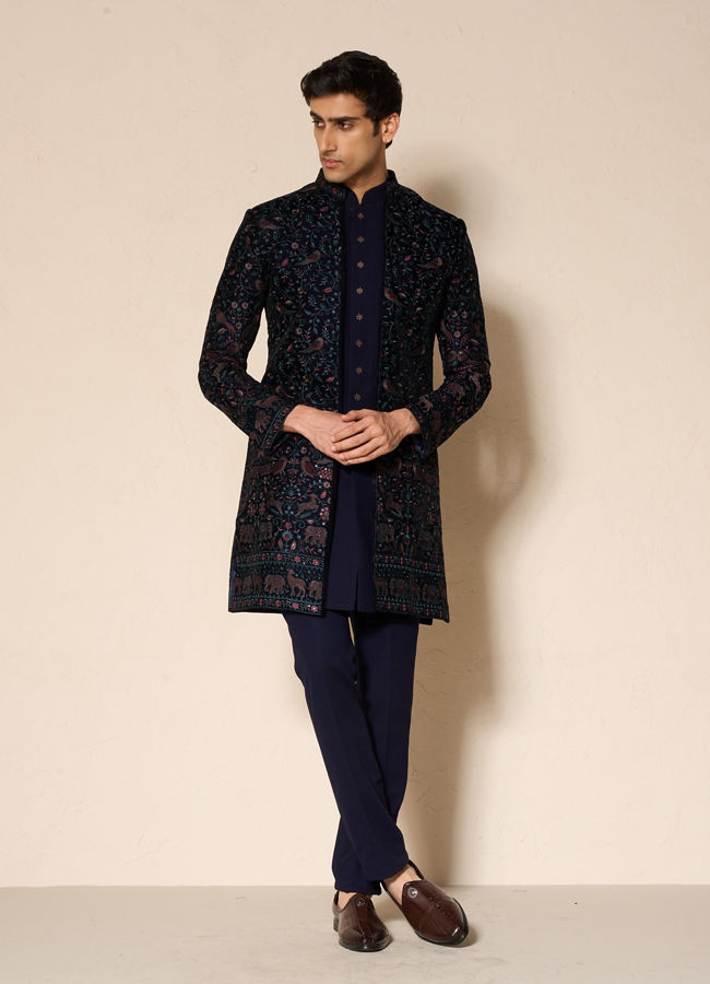 Manyavar Men Velveteen Dark Blue Radiance Indo Western
