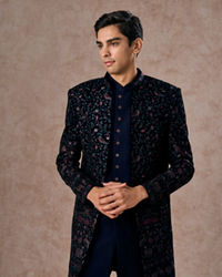 Manyavar Men Velveteen Dark Blue Radiance Indo Western