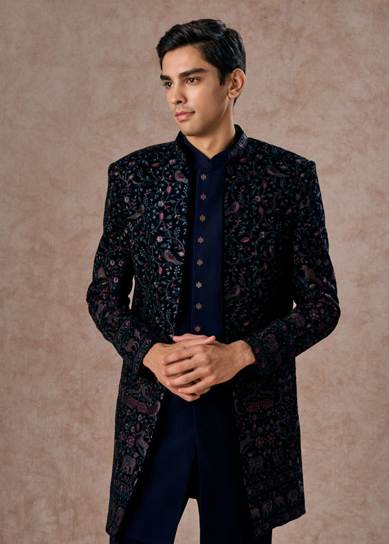 Manyavar Men Velveteen Dark Blue Radiance Indo Western
