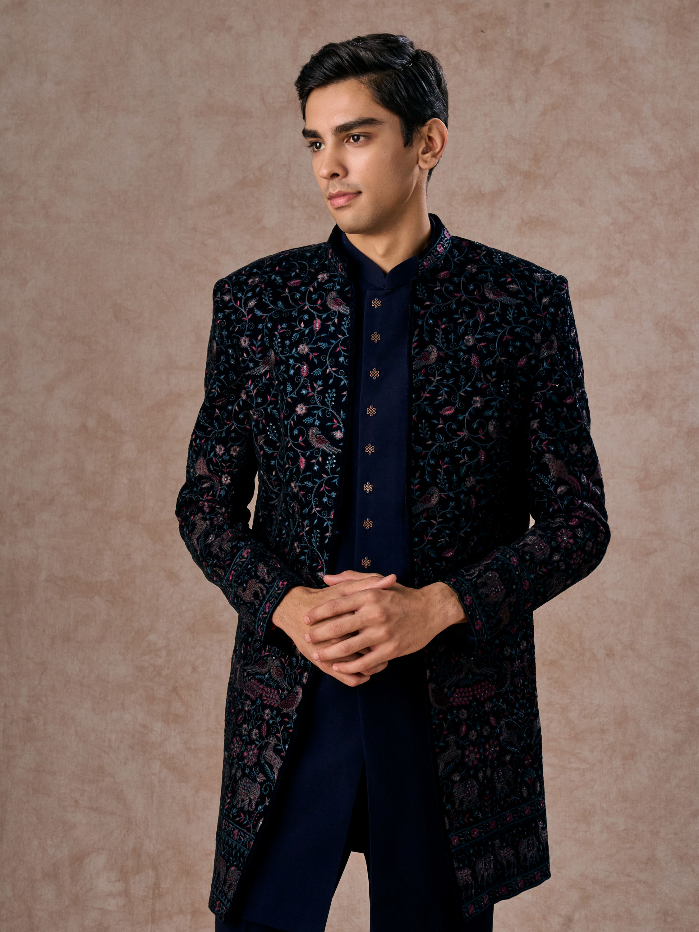 Manyavar Men Velveteen Dark Blue Radiance Indo Western