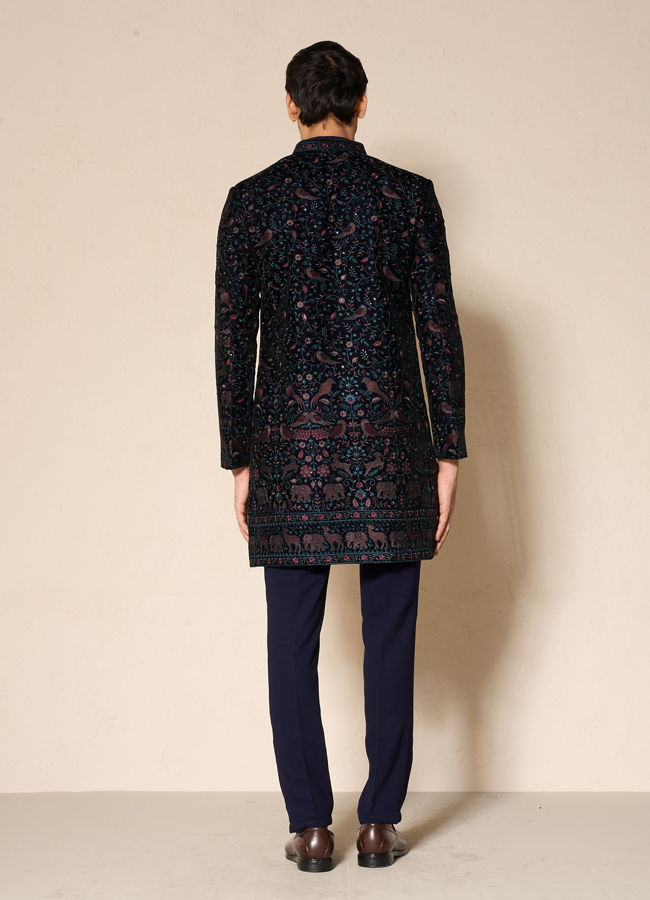 Manyavar Men Velveteen Dark Blue Radiance Indo Western