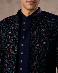Manyavar Men Velveteen Dark Blue Radiance Indo Western