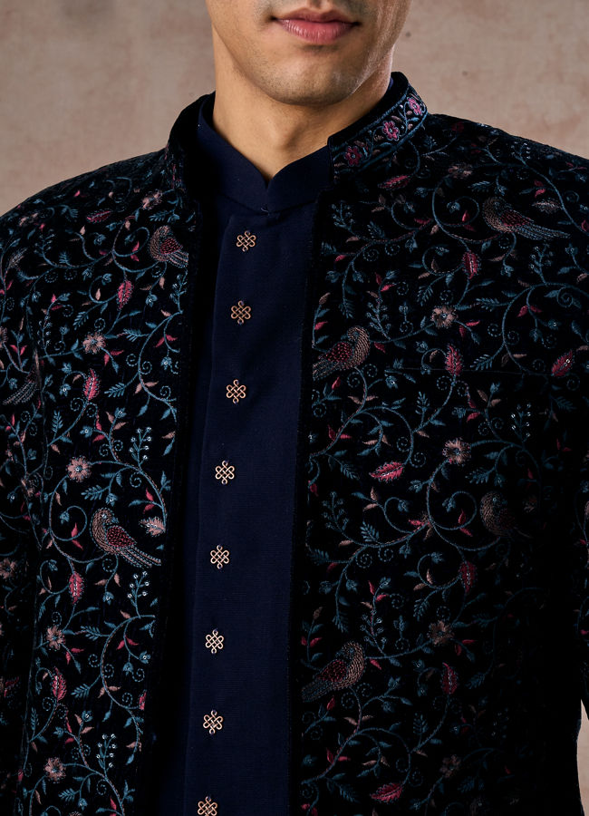 Manyavar Men Velveteen Dark Blue Radiance Indo Western