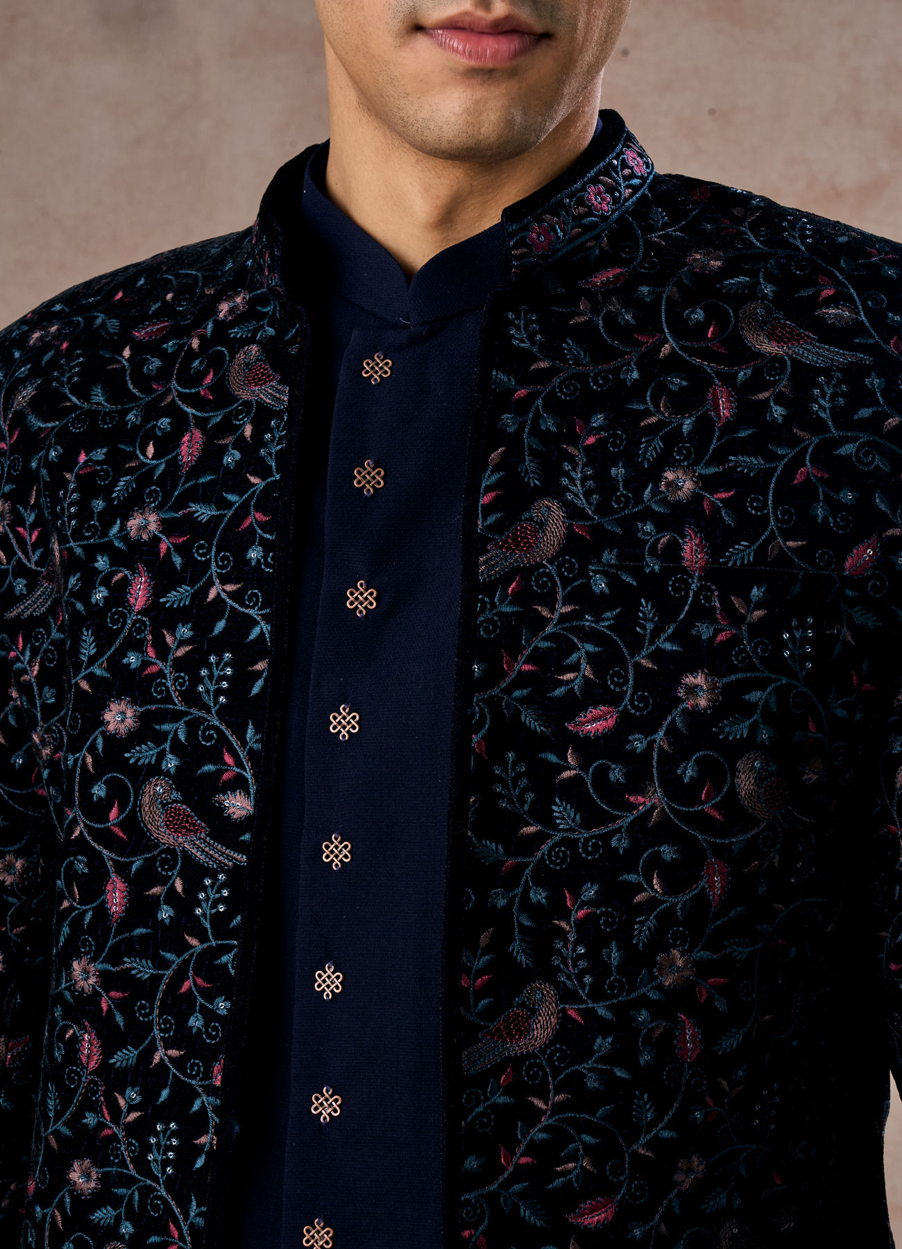 Manyavar Men Velveteen Dark Blue Radiance Indo Western