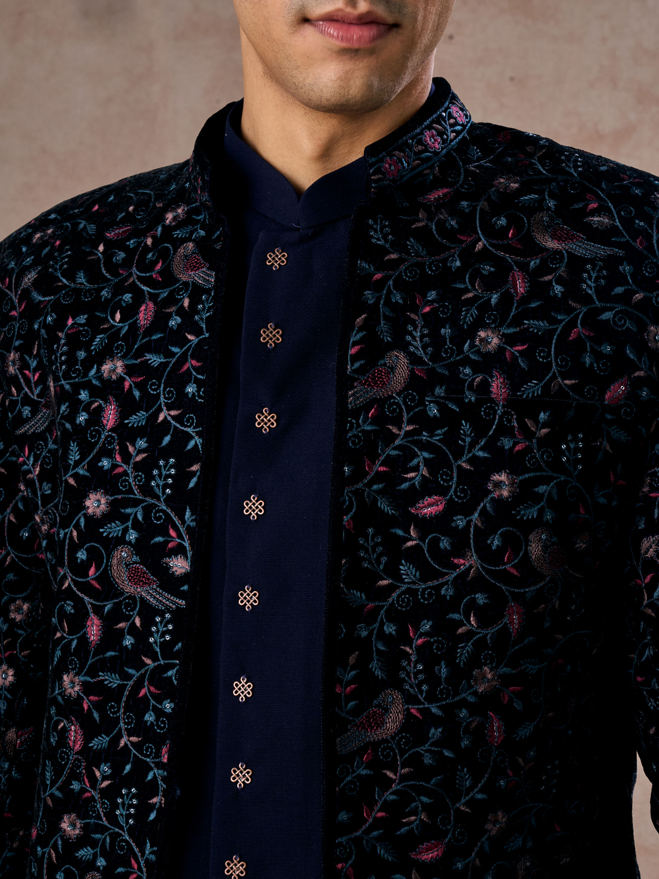 Manyavar Men Velveteen Dark Blue Radiance Indo Western