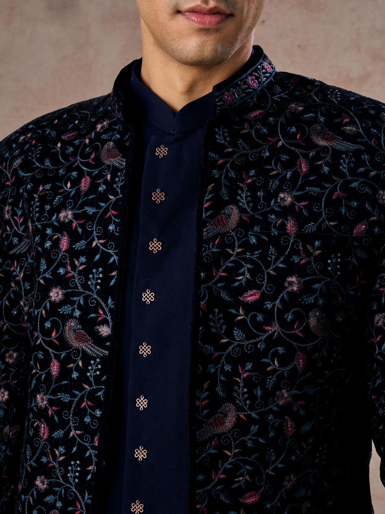 Manyavar Men Velveteen Dark Blue Radiance Indo Western