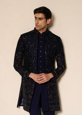 Manyavar Men Velveteen Dark Blue Radiance Indo Western