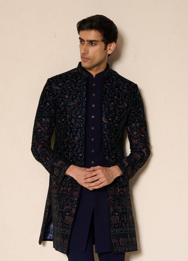 Manyavar Men Velveteen Dark Blue Radiance Indo Western