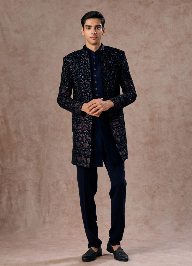 Manyavar Men Velveteen Dark Blue Radiance Indo Western
