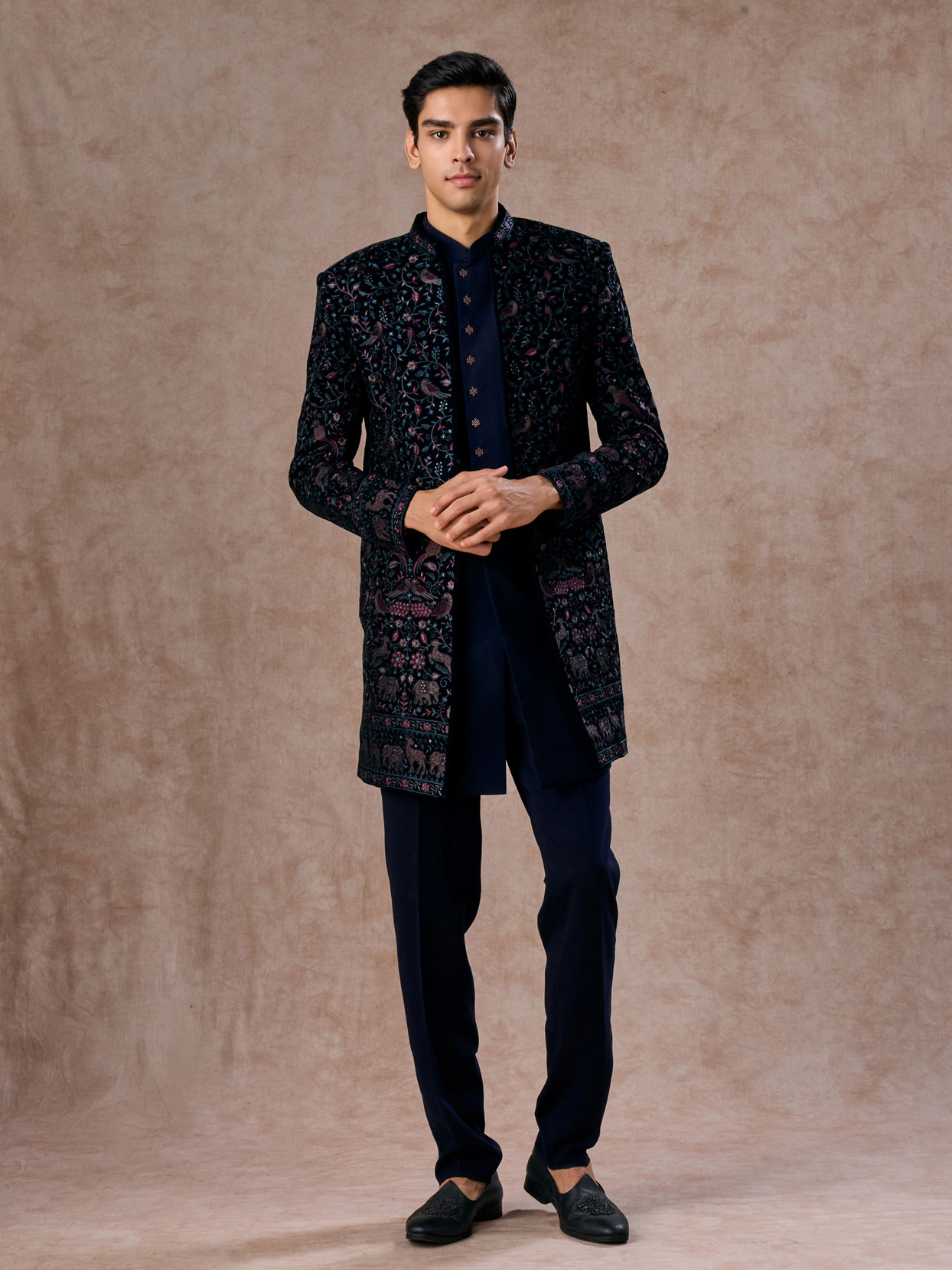 Manyavar Men Velveteen Dark Blue Radiance Indo Western
