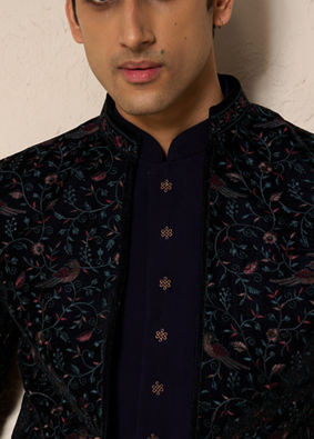 Manyavar Men Velveteen Dark Blue Radiance Indo Western