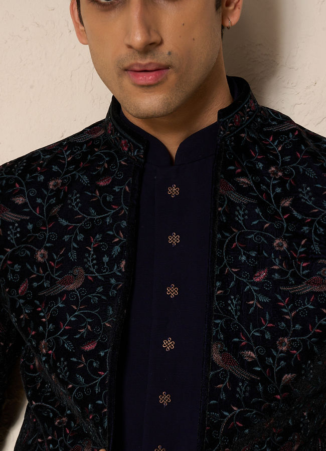 Manyavar Men Velveteen Dark Blue Radiance Indo Western