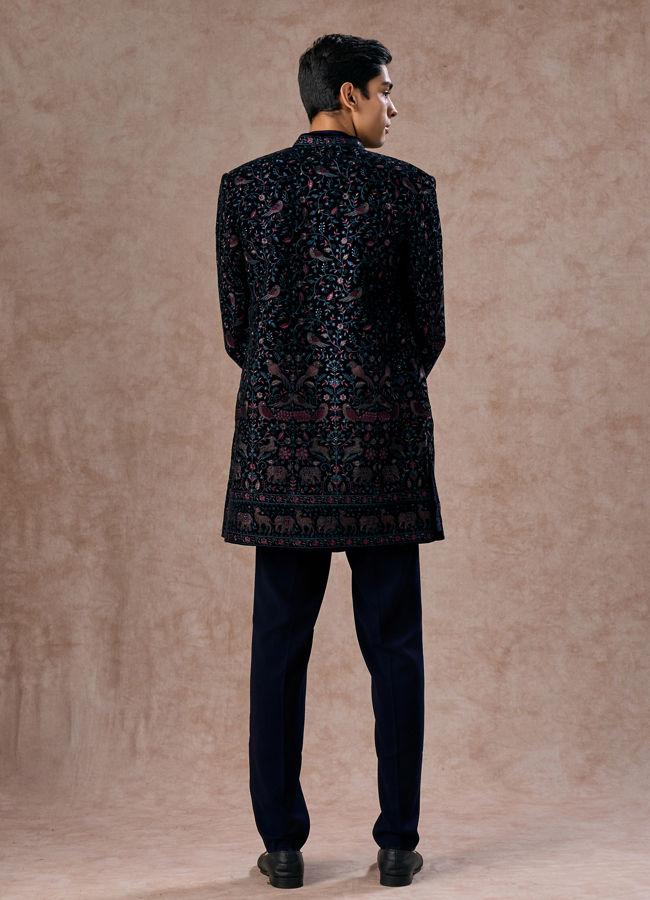 Manyavar Men Velveteen Dark Blue Radiance Indo Western