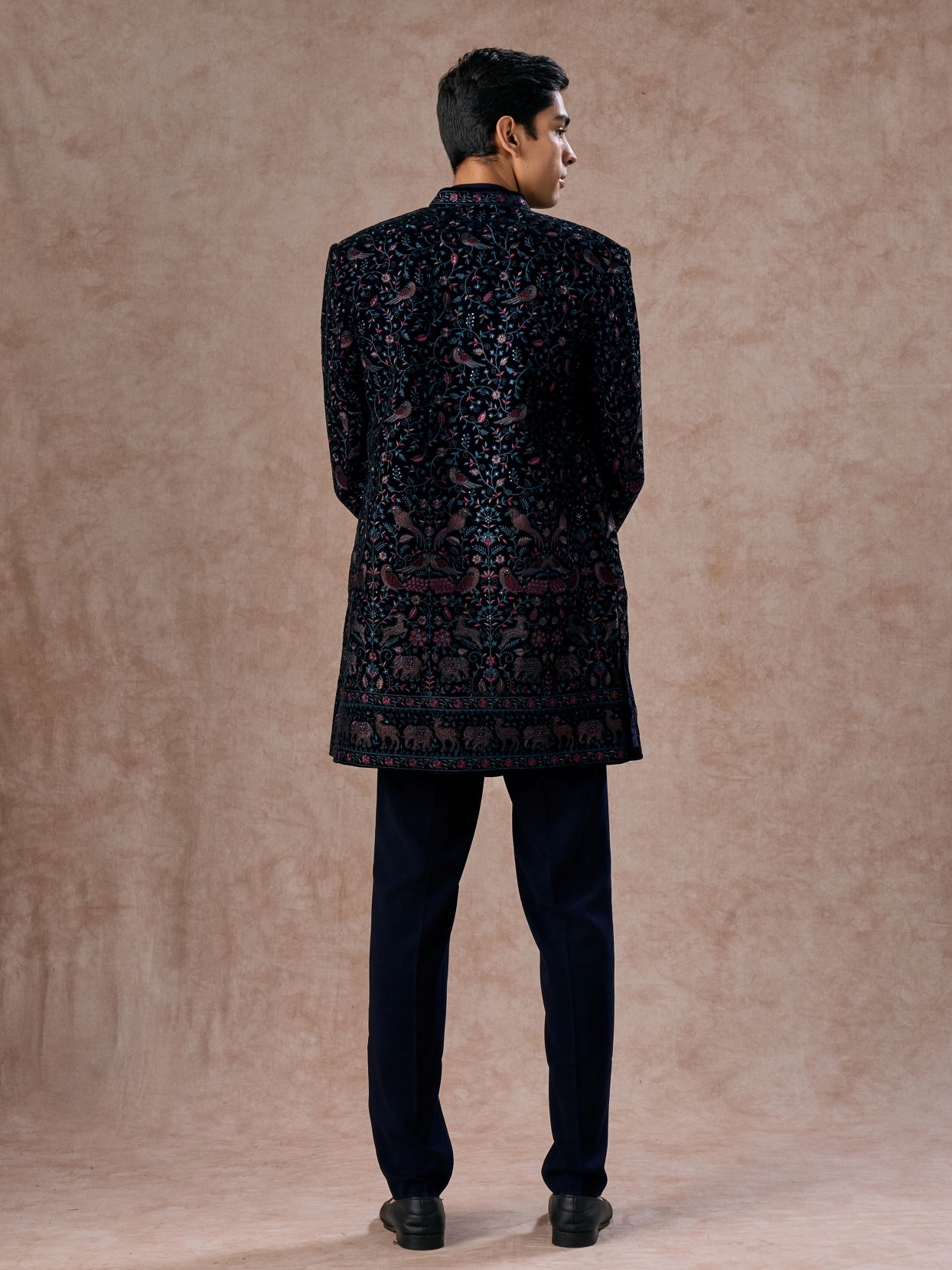 Manyavar Men Velveteen Dark Blue Radiance Indo Western