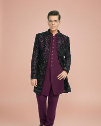 Manyavar Men Grape Velvet Splendor Indo Western