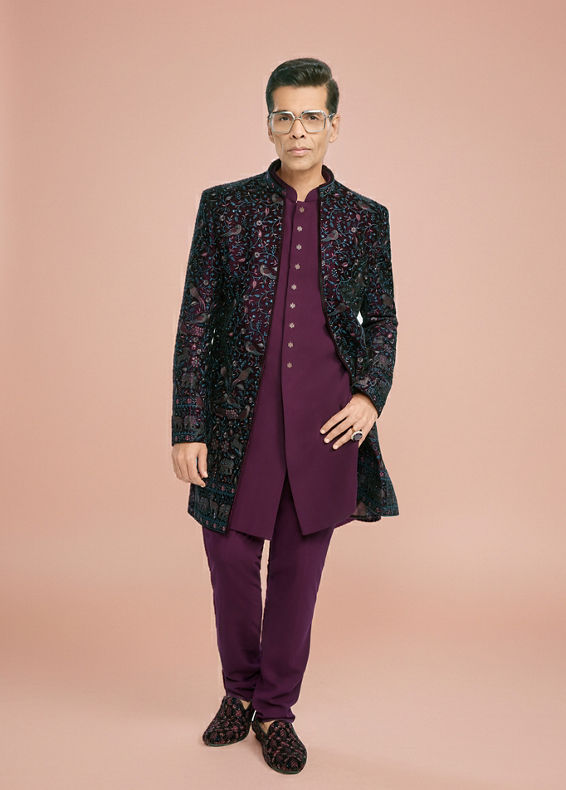 Manyavar Men Grape Velvet Splendor Indo Western
