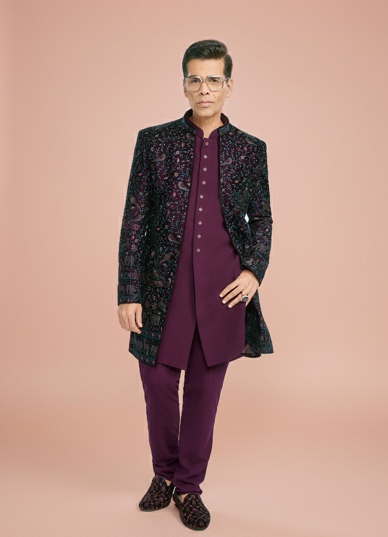 Manyavar Men Grape Velvet Splendor Indo Western