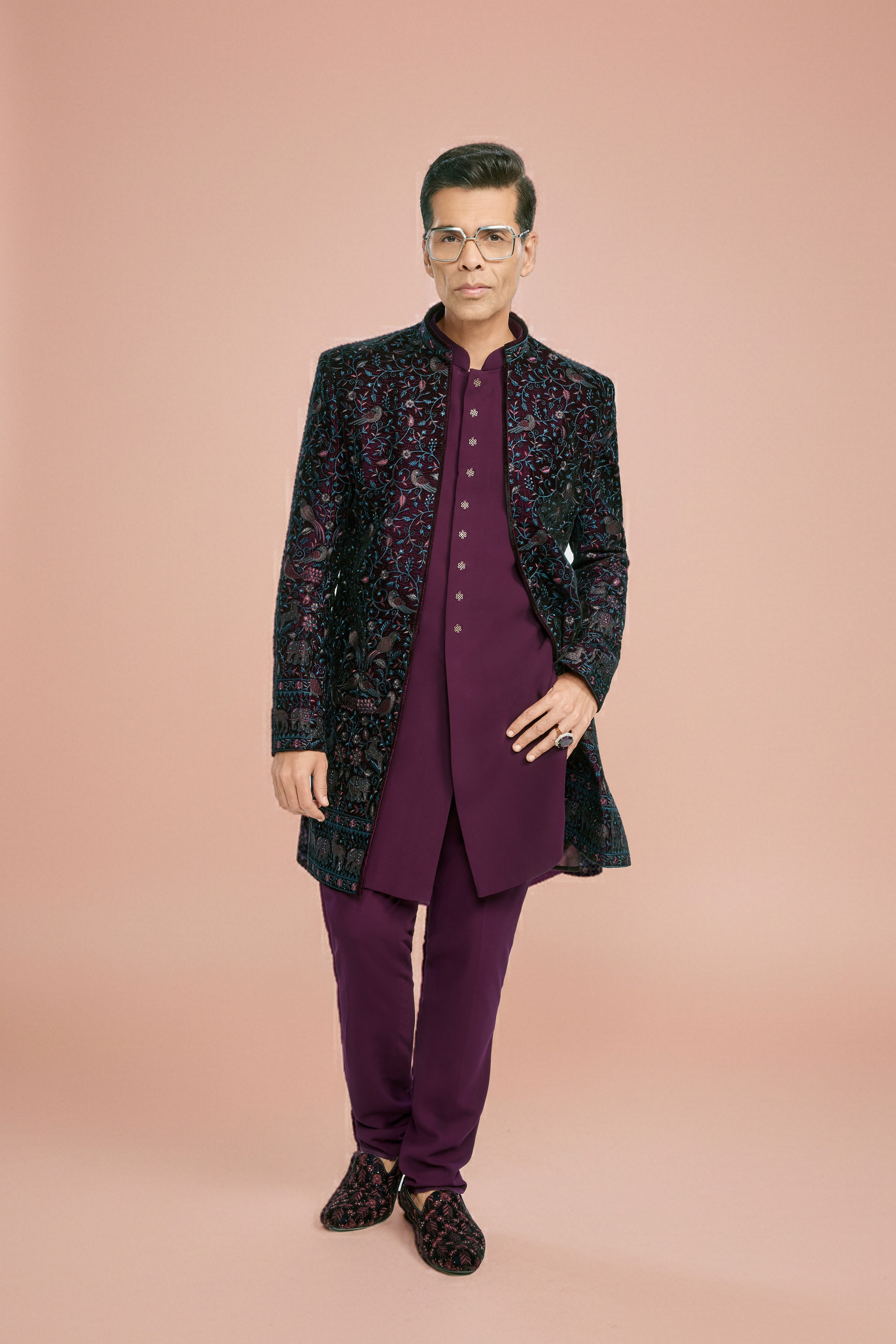 Manyavar Men Grape Velvet Splendor Indo Western