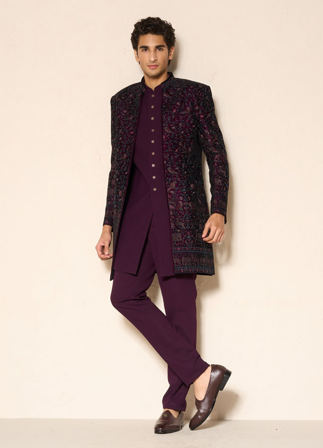 Manyavar Men Grape Velvet Splendor Indo Western