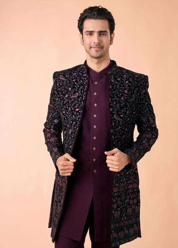 Manyavar Men Grape Velvet Splendor Indo Western