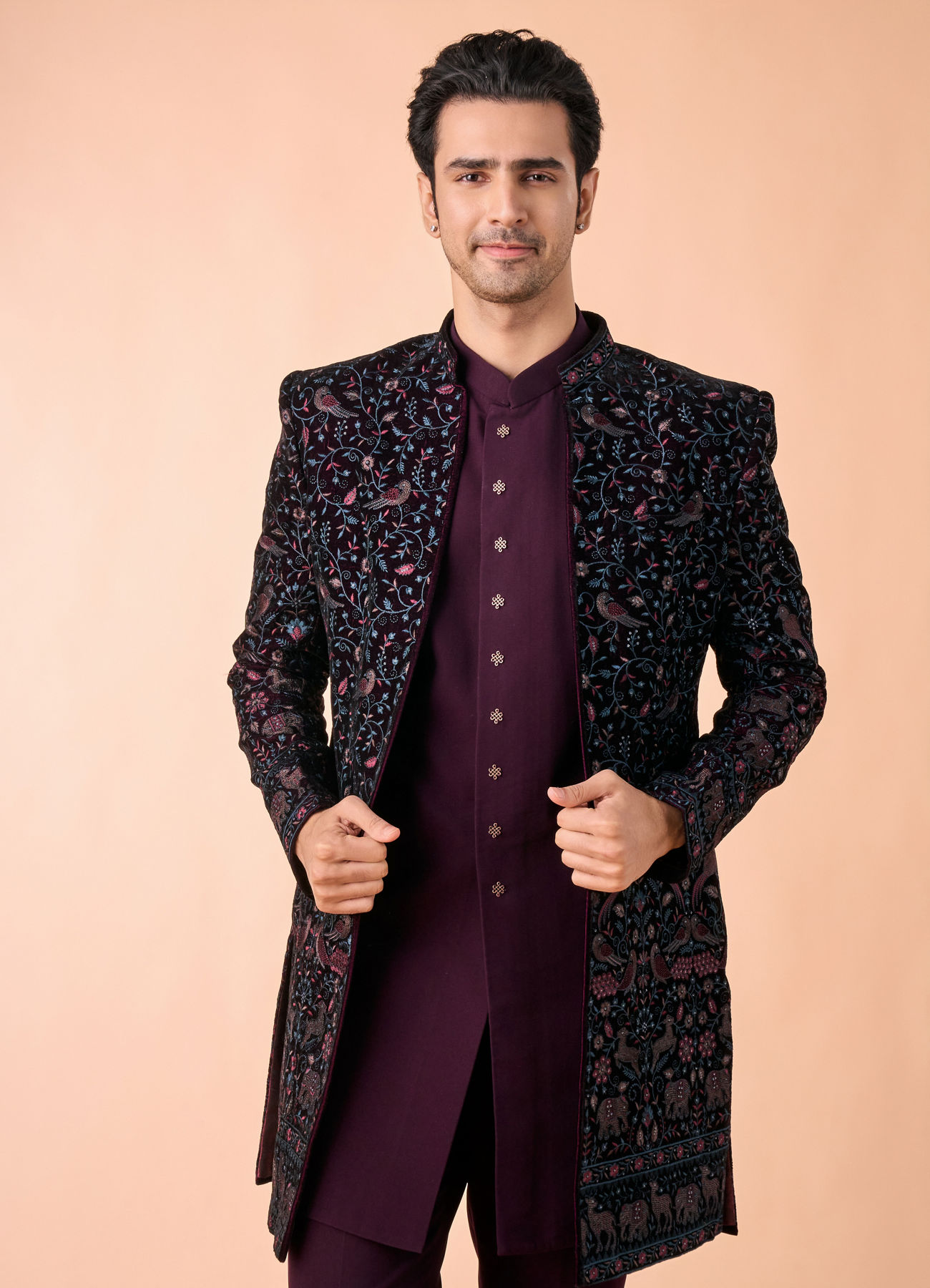 Manyavar Men Grape Velvet Splendor Indo Western