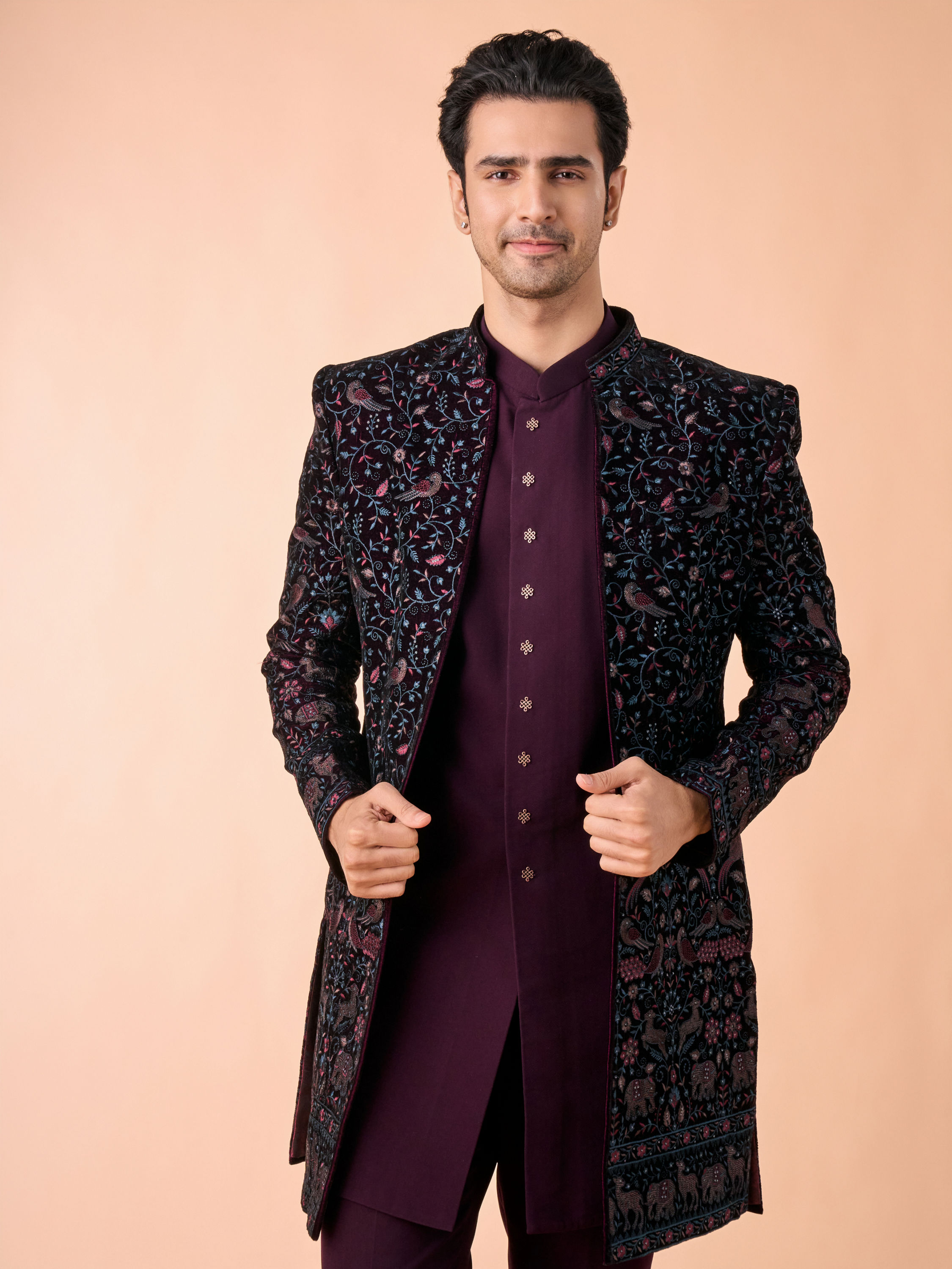 Manyavar Men Grape Velvet Splendor Indo Western