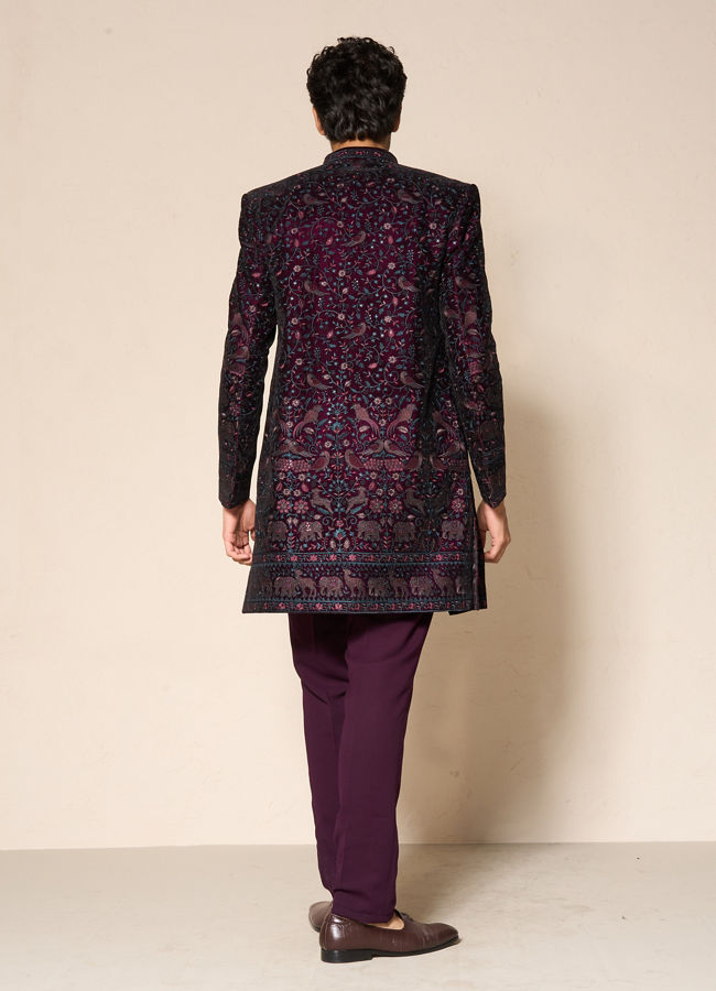 Manyavar Men Grape Velvet Splendor Indo Western