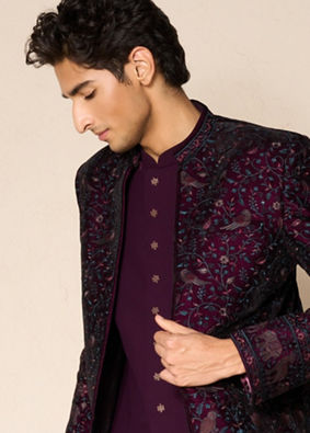 Manyavar Men Grape Velvet Splendor Indo Western