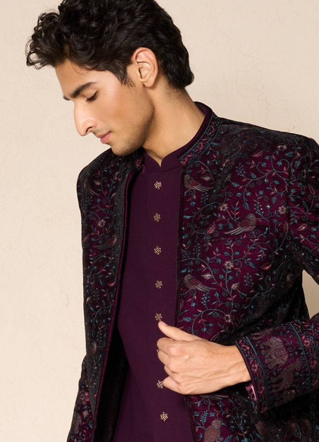 Manyavar Men Grape Velvet Splendor Indo Western