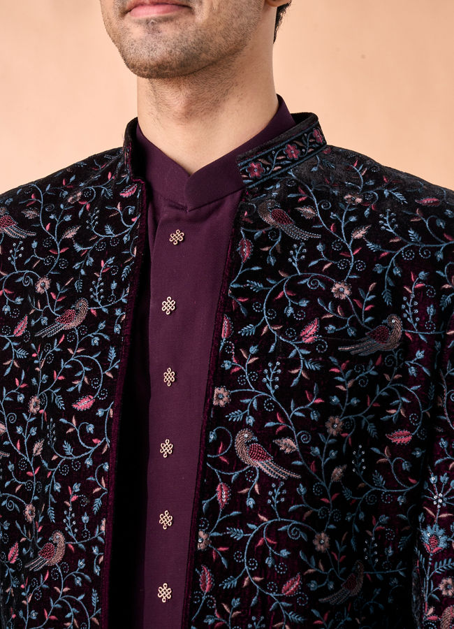 Manyavar Men Grape Velvet Splendor Indo Western