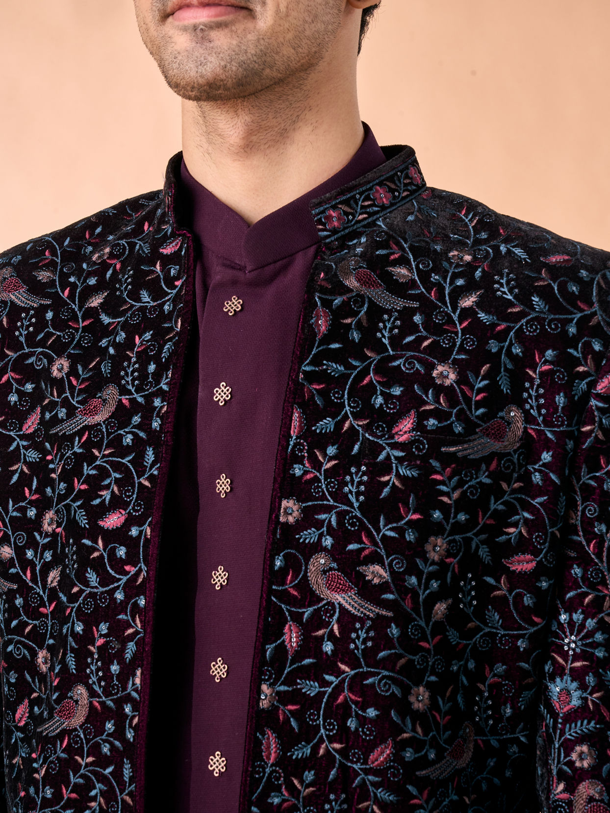 Manyavar Men Grape Velvet Splendor Indo Western