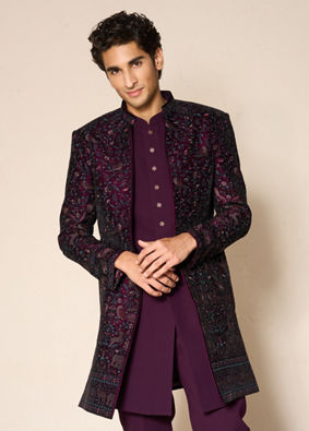 Manyavar Men Grape Velvet Splendor Indo Western