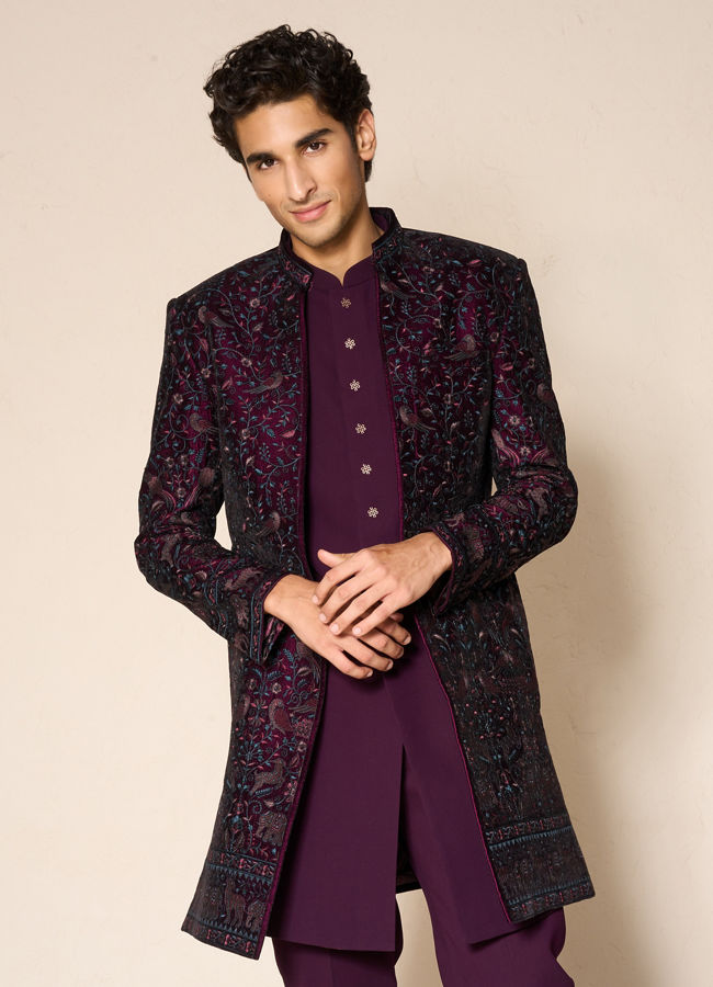 Manyavar Men Grape Velvet Splendor Indo Western