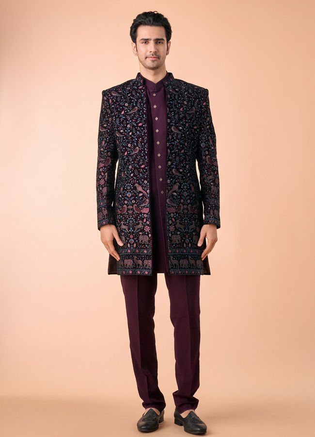 Manyavar Men Grape Velvet Splendor Indo Western