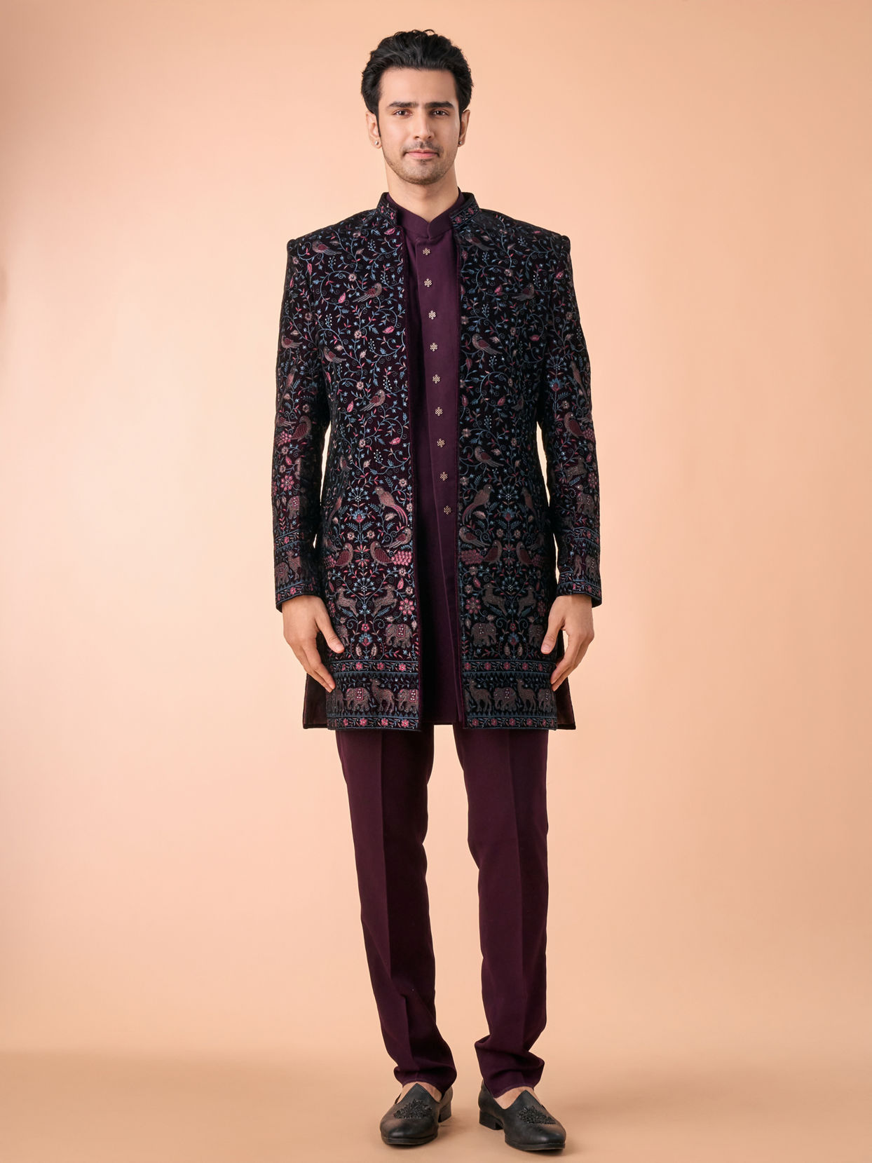 Manyavar Men Grape Velvet Splendor Indo Western