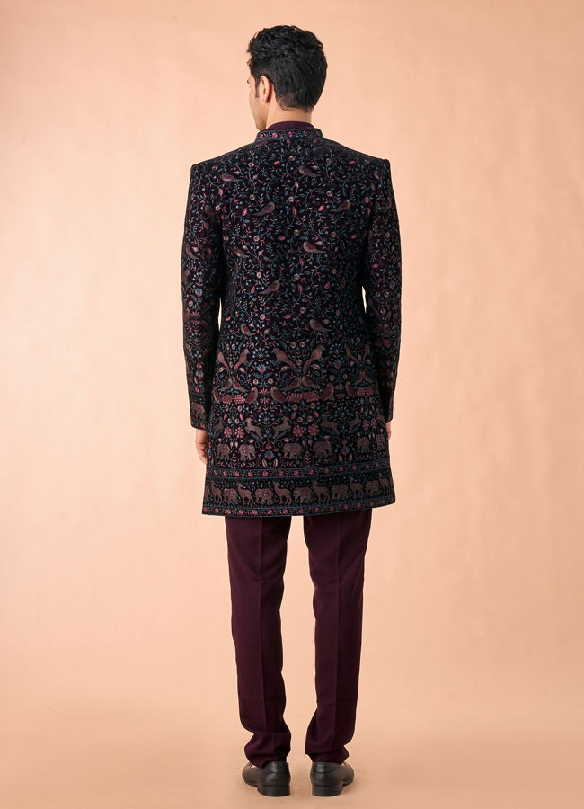Manyavar Men Grape Velvet Splendor Indo Western