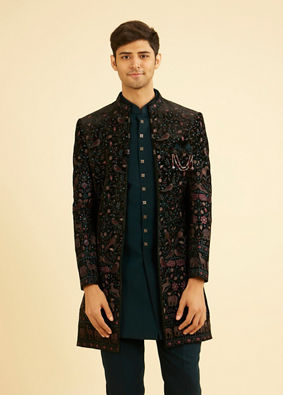 Manyavar Men Teal Green Velvet Indo Western Ensemble