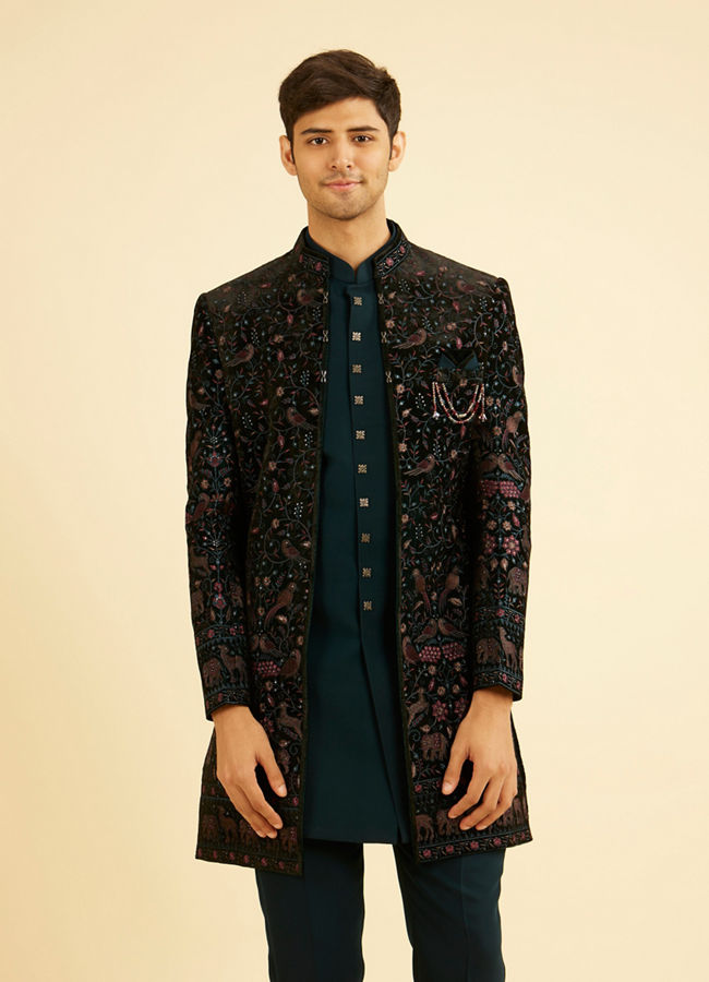 Manyavar Men Teal Green Velvet Indo Western Ensemble