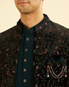 Manyavar Men Teal Green Velvet Indo Western Ensemble